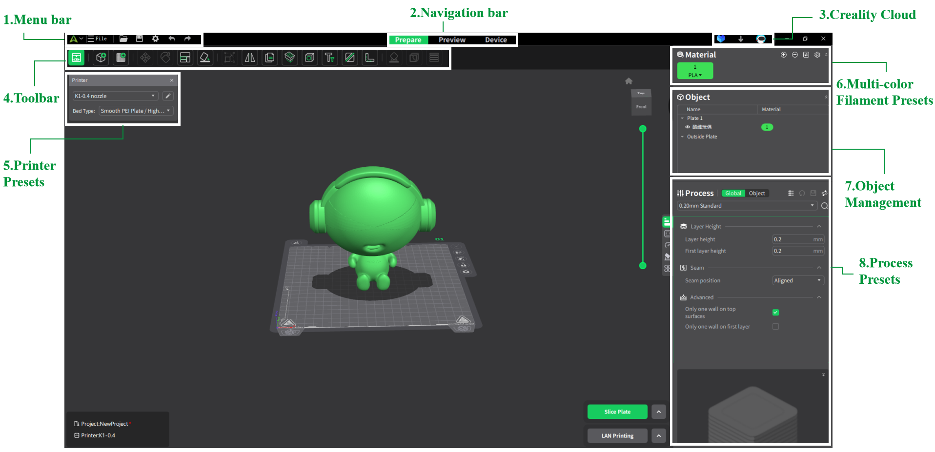 Creality Print main interface with 3D model on build plate