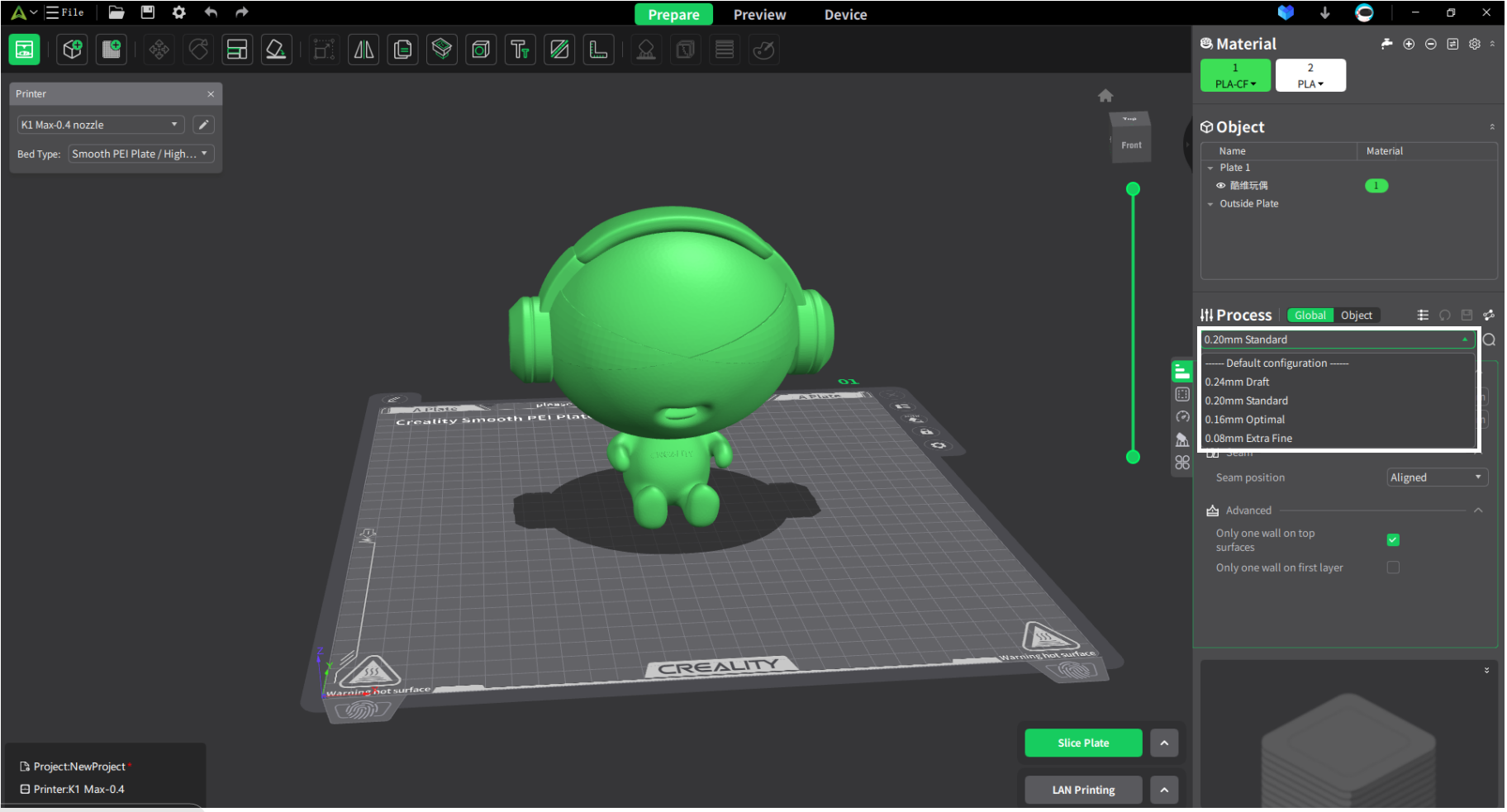 Creality Print slicing parameters and process presets panel