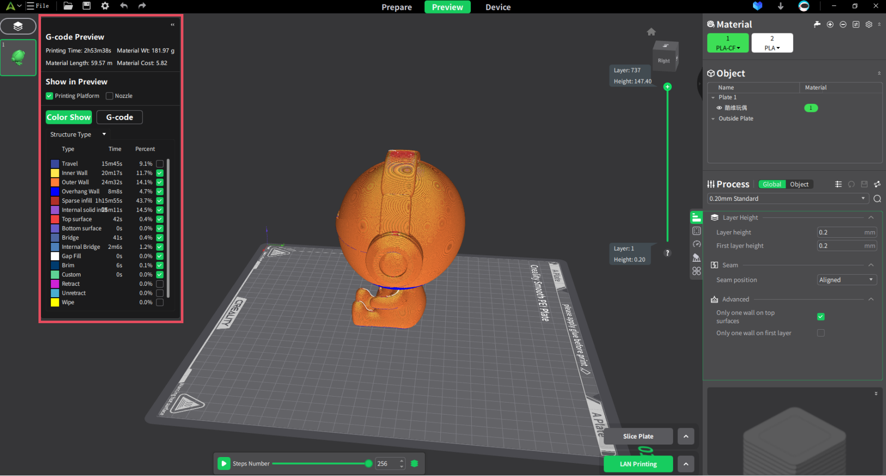Creality Print layer preview and G-code visualization