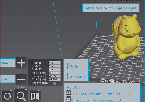 Creality Print model transformation tools for rotate scale and mirror